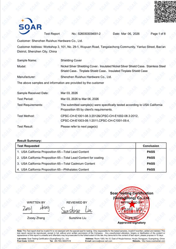 California Proposition 65 Compliance Certificate - EMI Shielding Products