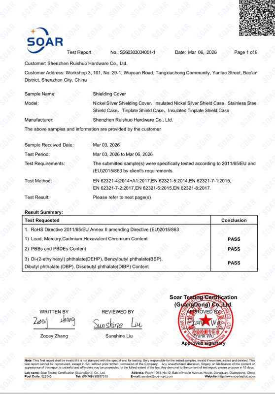 EU RoHS Compliance Certificate - EMI Shielding Products Hazardous Substances Free