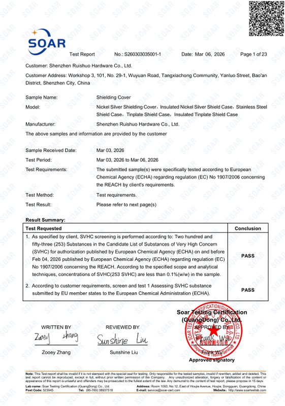 REACH Chemical Compliance Certificate - EMI Shielding Safe Materials